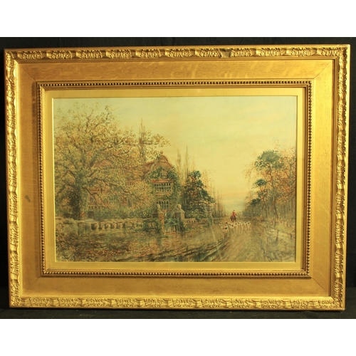 190 - WATERCOLOUR OF MANOR HOUSE WITH HUNTSMAN AND HOUNDS BY FRED FITCH c1900 (SIZE 21