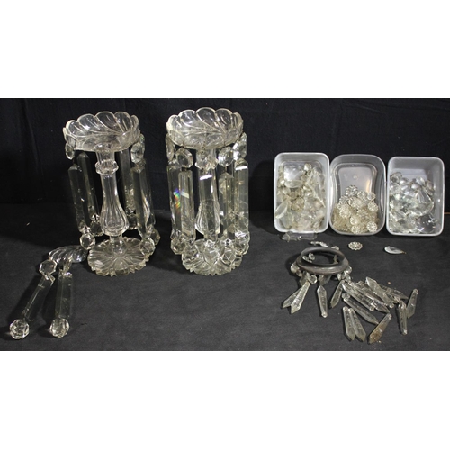 203 - PAIR VICTORIAN GLASS LUSTRES - 1 AT FAULT PLUS VARIOUS CHANDELIER DROPS ETC