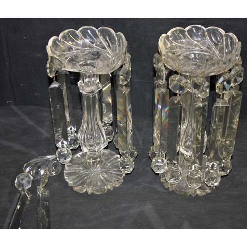 203 - PAIR VICTORIAN GLASS LUSTRES - 1 AT FAULT PLUS VARIOUS CHANDELIER DROPS ETC