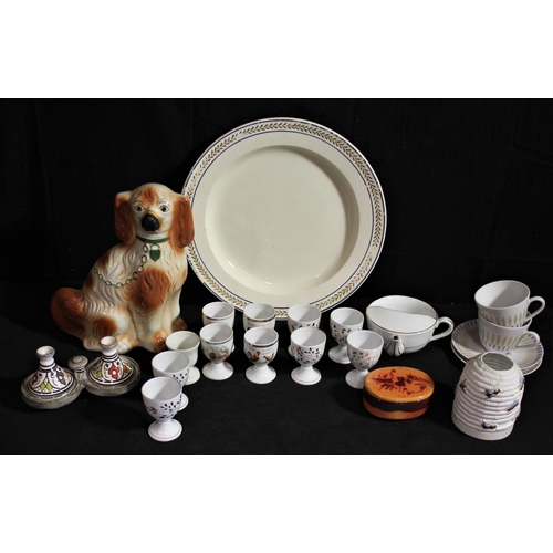 218 - MISC. SINGLE STAFFORDSHIRE DOG, NIGHT LIGHT SHADE IN FORM OF BEEHIVE, WEDGWOOD SERVING PLATE ETC