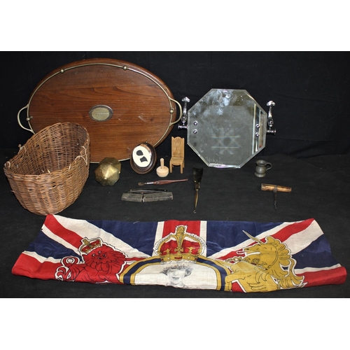 221 - MISC ITEMS: OVAL GALLEY TRAY, DECORATIVE BATHROOM MIRROR, CORONATION FLAG, BRASS HANDLE ETC