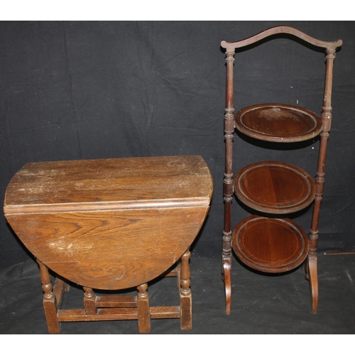 240 - SMALL DROP LEAF TABLE & MAHOGANY 3 TIER CAKE STAND