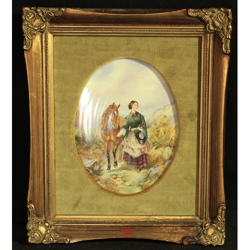 245 - HAND PAINTED PORCELAIN PLAQUE BY WORCESTER OF GIRL IN HIGHLAND COSTUME STANDING BY HER HORSE IN GILT... 