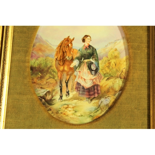 245 - HAND PAINTED PORCELAIN PLAQUE BY WORCESTER OF GIRL IN HIGHLAND COSTUME STANDING BY HER HORSE IN GILT... 