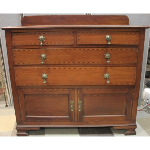 272 - MAHOGANY & INLAID CUPBOARD CHEST.  BAACK REPAIRED WITH ALUMINIUM PLATE