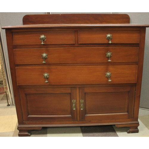 272 - MAHOGANY & INLAID CUPBOARD CHEST.  BAACK REPAIRED WITH ALUMINIUM PLATE