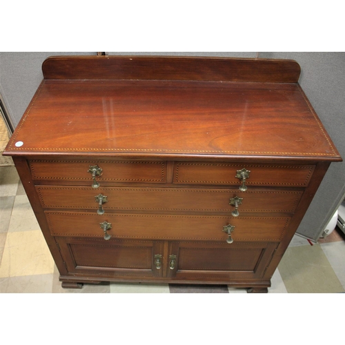 272 - MAHOGANY & INLAID CUPBOARD CHEST.  BAACK REPAIRED WITH ALUMINIUM PLATE