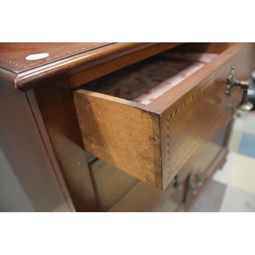 272 - MAHOGANY & INLAID CUPBOARD CHEST.  BAACK REPAIRED WITH ALUMINIUM PLATE