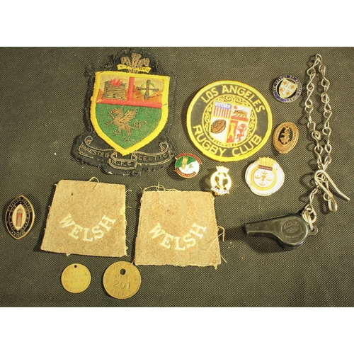 274 - MAESTEG CELTIC RFC BADGE, LOS ANGELES RUGBY CLUB BADGE, ACME (BR) WHISTLE & CHAIN, SOUTH WALES M... 