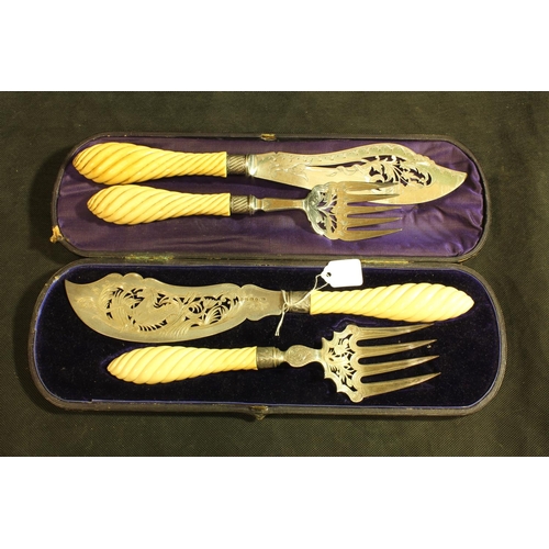 277 - BOXED SET OF FISH SERVERS (BIRMINGHAM 1873) PLUS A SET OF PLATED FISH SERVERS