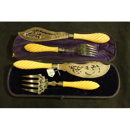 277 - BOXED SET OF FISH SERVERS (BIRMINGHAM 1873) PLUS A SET OF PLATED FISH SERVERS