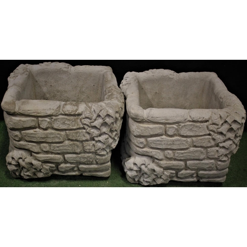 301 - PAIR STONEWORK BRICK PLANTERS FESTOONED WITH IVY