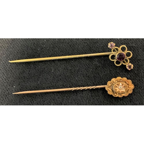 356 - 2 PIN BROOCHES: 1 MARKED 15ct (1.4g) & 1 MARKED 9CT (1.3g)