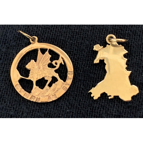 357 - 2 of 9ct GOLD PENDANTS: WALES MAP & DRAGON (2.8g)