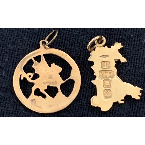 357 - 2 of 9ct GOLD PENDANTS: WALES MAP & DRAGON (2.8g)