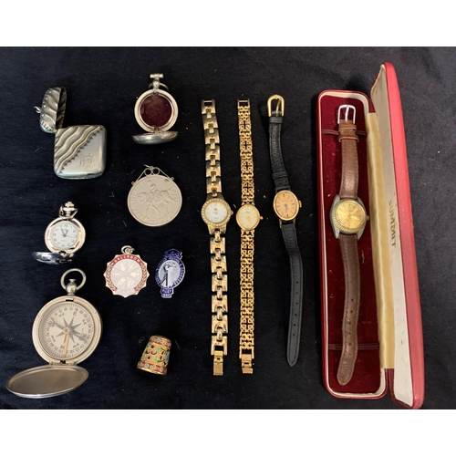 365 - 4 LADIES WATCHES: ROTARY, SEKONDA, SAC & PHILIP MERCIER, DECORATIVE THIMBLE, FOB WATCH WITH CAT ... 