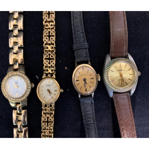 365 - 4 LADIES WATCHES: ROTARY, SEKONDA, SAC & PHILIP MERCIER, DECORATIVE THIMBLE, FOB WATCH WITH CAT ... 