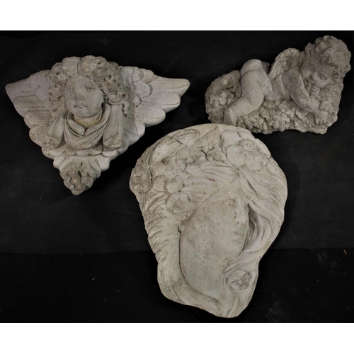 126A - 2 STONEWORK WALL MOUNTED PLAQUES (CHERUB'S FACE & LADY'S FACE) & SMALL CHERUB LYING ON BED O... 