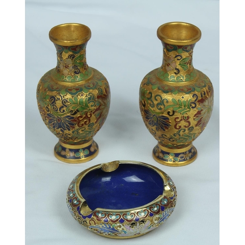 1 - PAIR MINIATURE CLOISONNE VASES & CLOISONNE ASHTRAY