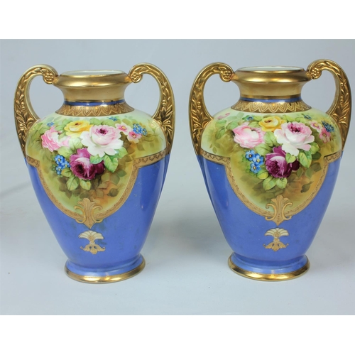 2 - PAIR OF NORITAKE HAND PAINTED HANDLED VASES, 10.5