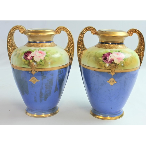 2 - PAIR OF NORITAKE HAND PAINTED HANDLED VASES, 10.5