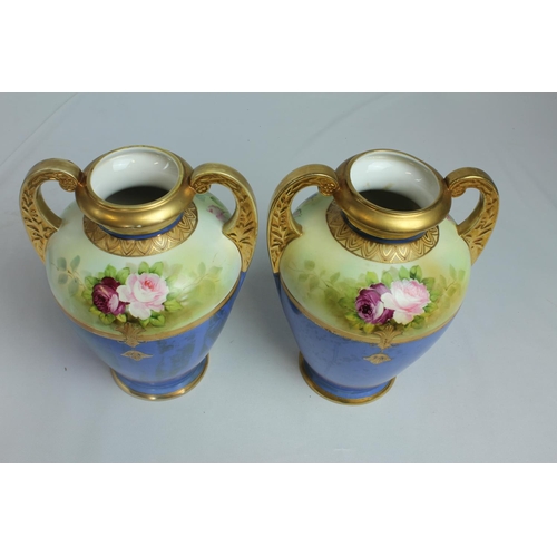 2 - PAIR OF NORITAKE HAND PAINTED HANDLED VASES, 10.5