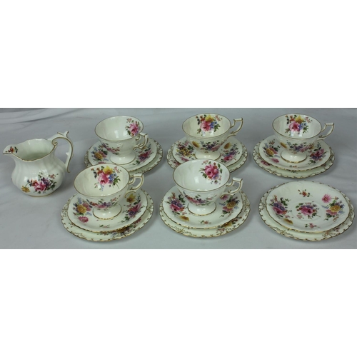 11 - ROYAL CROWN DERBY PART TEA SET: 6 PLATES, 6 SAUCERS, 5 CUPS & MILK JUG