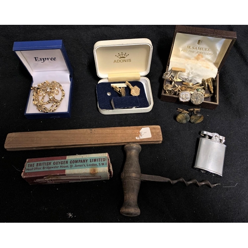 17 - BOX COLLECTABLES: FISHING REEL. WW2 KNIFE, PENS ETC