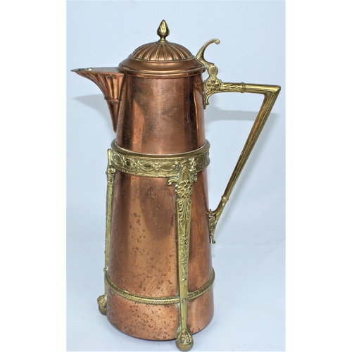 22 - COPPER & BRASS COFFEE POT WITH BALL & CLAW FEET (15