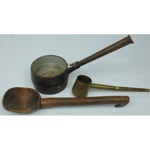 31 - 3 COOKING UTENSILS: WOODEN SPOON, BRASS LADLE & LONG HANDLDED SMALL SAUCEPAN