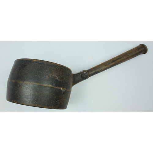 31 - 3 COOKING UTENSILS: WOODEN SPOON, BRASS LADLE & LONG HANDLDED SMALL SAUCEPAN