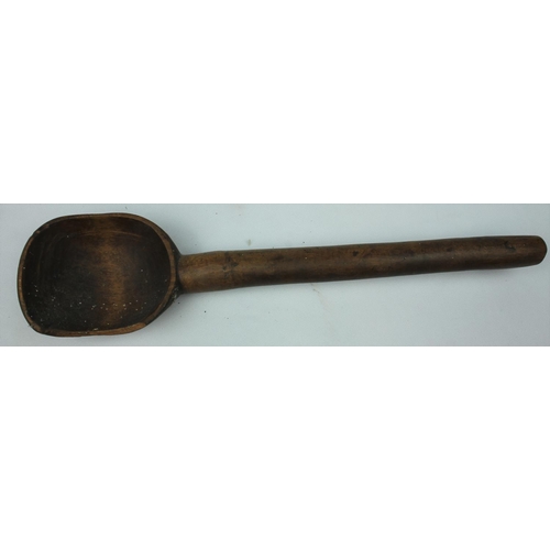 31 - 3 COOKING UTENSILS: WOODEN SPOON, BRASS LADLE & LONG HANDLDED SMALL SAUCEPAN