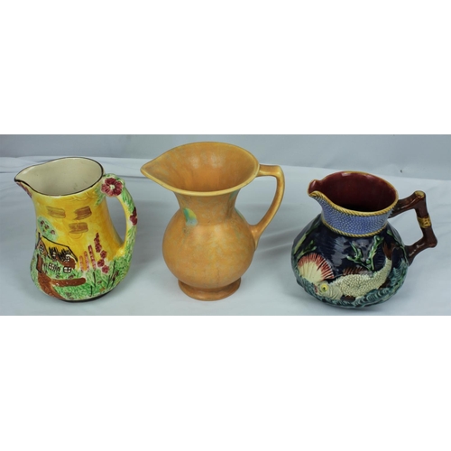 46 - 3 JUGS: SHORTER & SON MAJOLICA JUG, PRICE BROS COLLEGE SCENE JUG & AMBER COLOUR POTTERY JUG