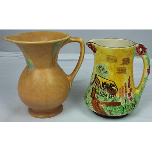 46 - 3 JUGS: SHORTER & SON MAJOLICA JUG, PRICE BROS COLLEGE SCENE JUG & AMBER COLOUR POTTERY JUG