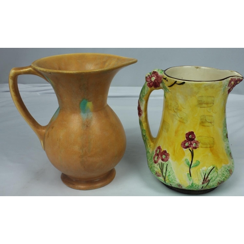 46 - 3 JUGS: SHORTER & SON MAJOLICA JUG, PRICE BROS COLLEGE SCENE JUG & AMBER COLOUR POTTERY JUG