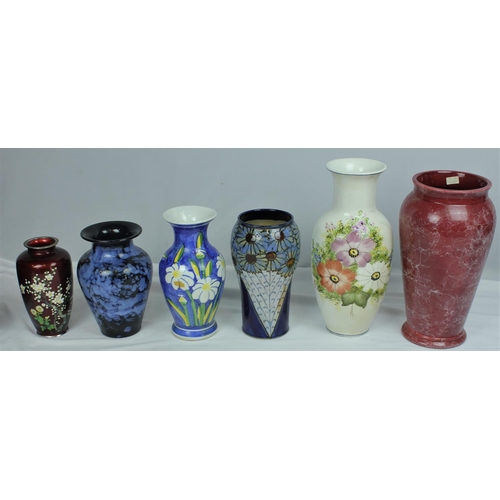 48 - 6 VASES INCLUDING ROYAL DOULTON SLENDER VASE OF OVOID FORM BY MAUD BOWDEN - HOLE DRILLED INTO BASE T... 