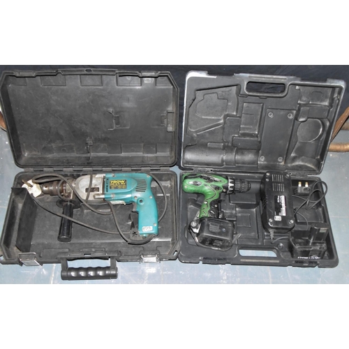 55 - 2 DRILLS: MAKITA 750w ELECTRIC HAMMER DRILL IN DEWALT CASE & HITACHI 14.4v DRILL WITH 2 BATTERIE... 