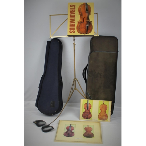 62 - 2 GEWA VIOLIN CASES, MUSIC STAND (LEG BENT), 3 CHIN RESTS, 2 STRADIVARIUS PICTURES & HARD BACK B... 