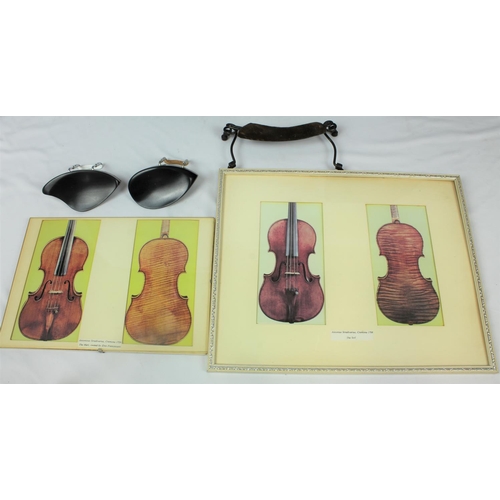 62 - 2 GEWA VIOLIN CASES, MUSIC STAND (LEG BENT), 3 CHIN RESTS, 2 STRADIVARIUS PICTURES & HARD BACK B... 