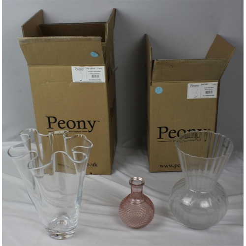 68 - 3 PEONY VASES: 2 LARGE WITH BOXES (OPTIC BALL VASE & HANDERCHIEF VASE) & 1 SMALLER (NO BOX)