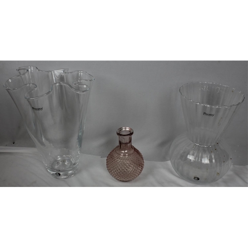 68 - 3 PEONY VASES: 2 LARGE WITH BOXES (OPTIC BALL VASE & HANDERCHIEF VASE) & 1 SMALLER (NO BOX)