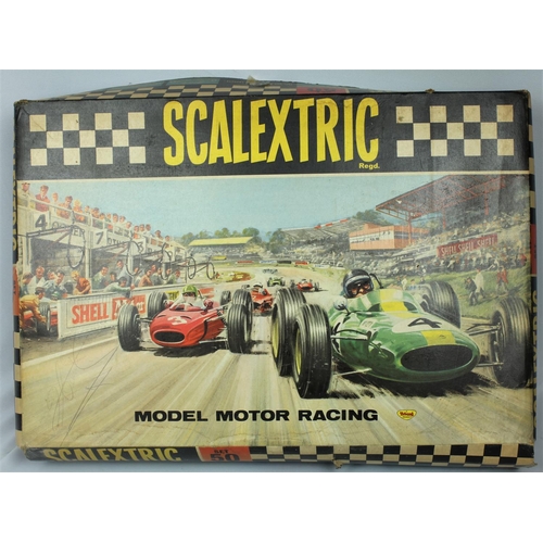 74 - TRIANG SCALEXTRIC SET 50 WITH 3 CARS (1 DAMAGED) & 2 CONTROLS - BOX RIPPED ON CORNERS