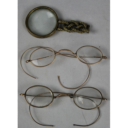 95 - VARIOUS READING GLASSES (2 DAMAGED), 2 GLASSES CASES & SMALL BRASS MAGNIFYING GLASS