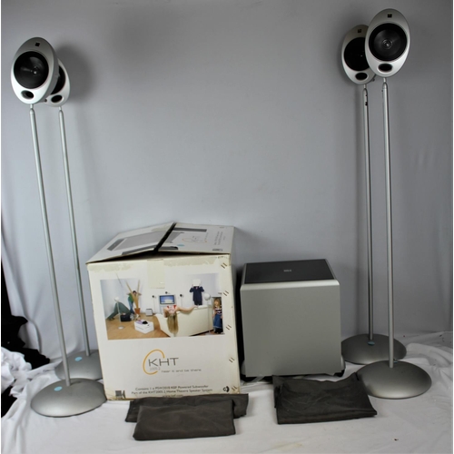 100 - PART KEF HOME THEATRE 2000 SERIES: 4 KHT SATELLITE SPEAKERS ON STANDS & 1 KHT PSW2010 KEF POWERE... 