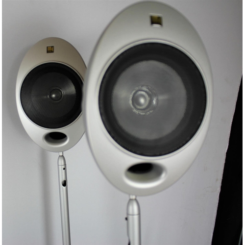 100 - PART KEF HOME THEATRE 2000 SERIES: 4 KHT SATELLITE SPEAKERS ON STANDS & 1 KHT PSW2010 KEF POWERE... 