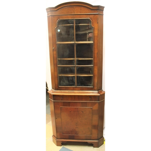 104 - MAHOGANY CORNER GLAZED DOOR SECRETAIRE WITH PULL OUT WRITING DRAWER, OVER CUPBOARD BASE