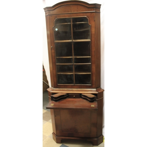 104 - MAHOGANY CORNER GLAZED DOOR SECRETAIRE WITH PULL OUT WRITING DRAWER, OVER CUPBOARD BASE