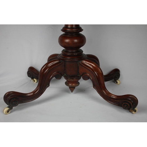 140 - MAHOGANY FOLD OVER CARD TABLE ON PEDESTAL BASE WITH SCROLLED LEGS