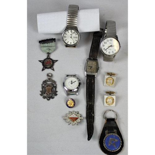 150 - 4 WATCHES, 2 SILVER PENDANTS, 2 BADGES, MASONIC CUFFLINKS, KEY RING & STEWARD MEDAL