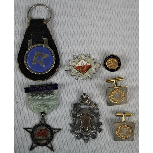 150 - 4 WATCHES, 2 SILVER PENDANTS, 2 BADGES, MASONIC CUFFLINKS, KEY RING & STEWARD MEDAL